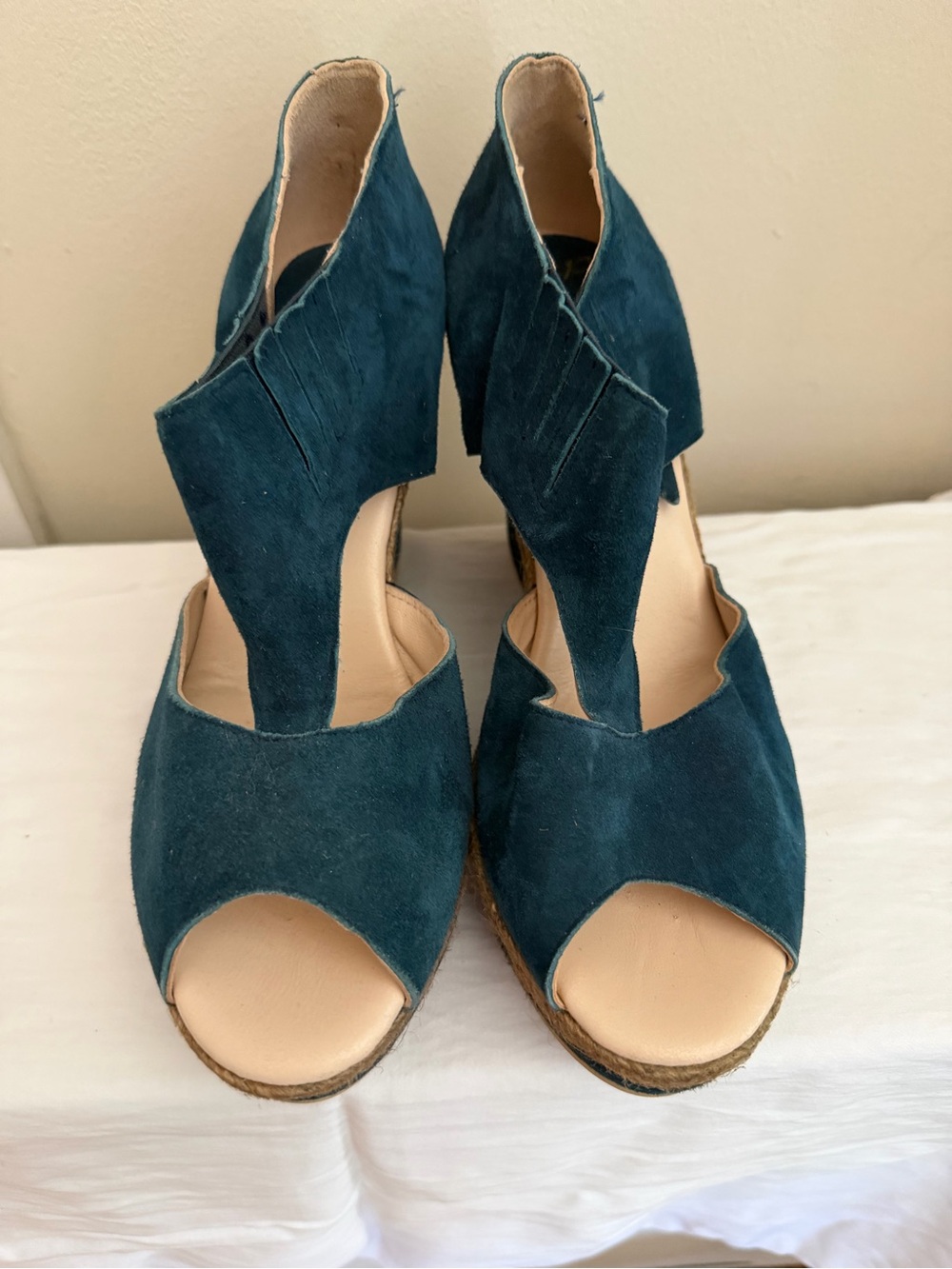 Teal Suede Open-Toe Wedge Sandals